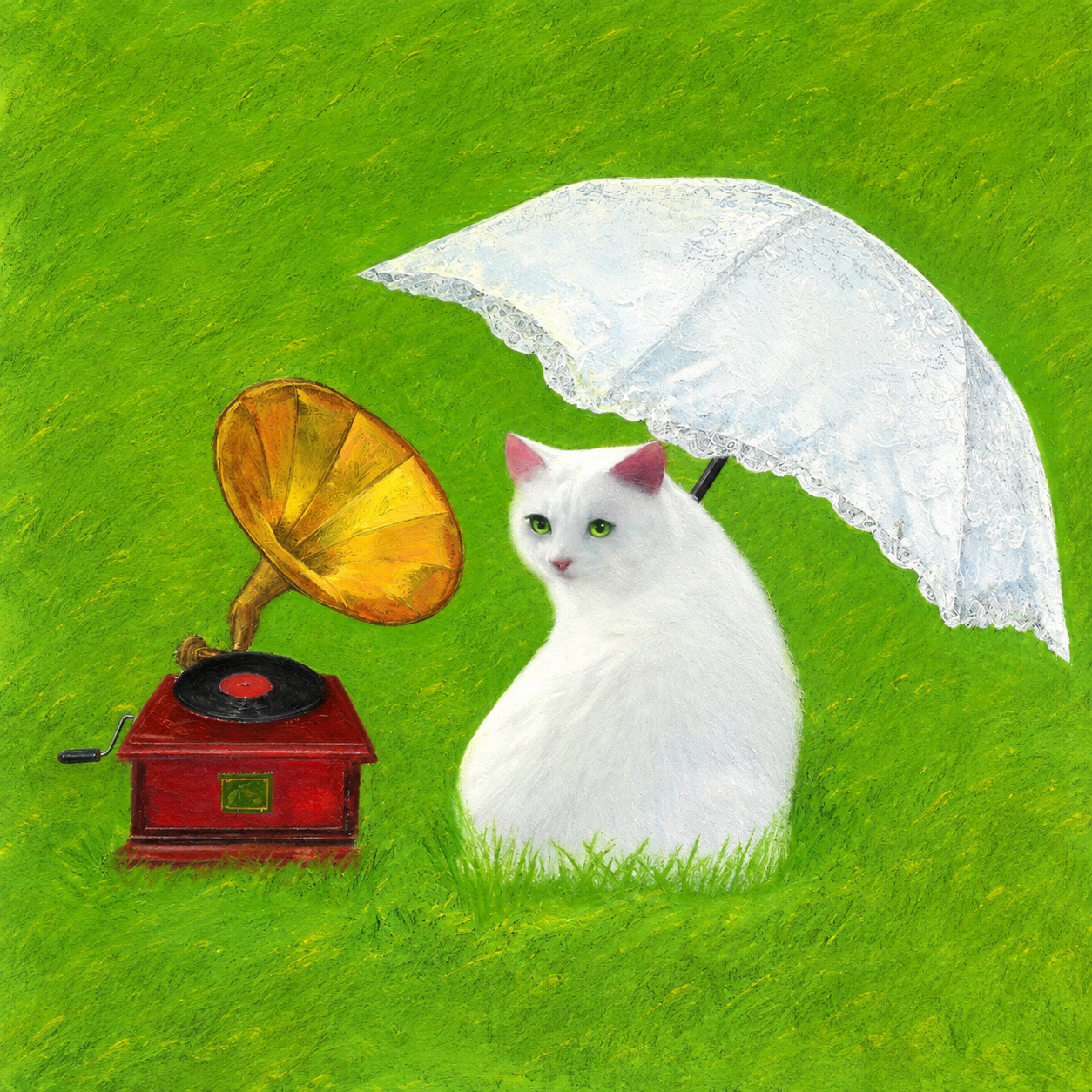 Weekend character: white cat with umbrella and gramophone